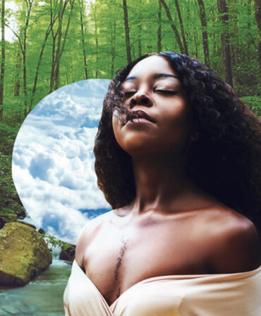An illustrated collage of a woman with her eyes closed in a forest. A cut out circle of blue clouds is behind her right shoulder.