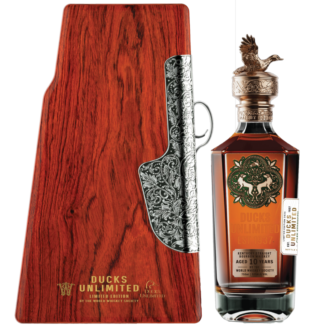 A bottle of bourbon beside a shotgun stock-shaped box
